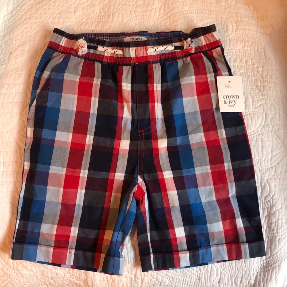 Boys red white and blue plaid shorts